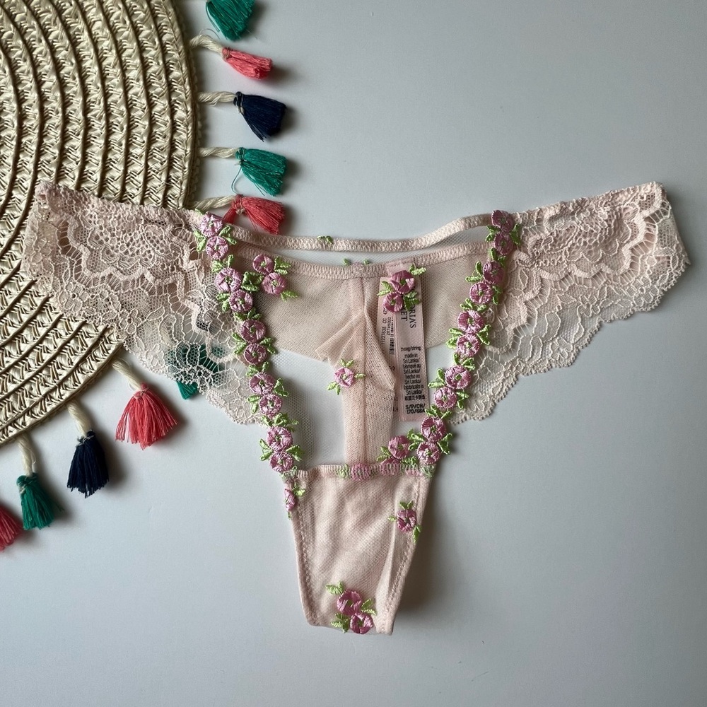 Victoria's Secret Rosebud Embroidery Thong Panty Pink Fizz Small NEW